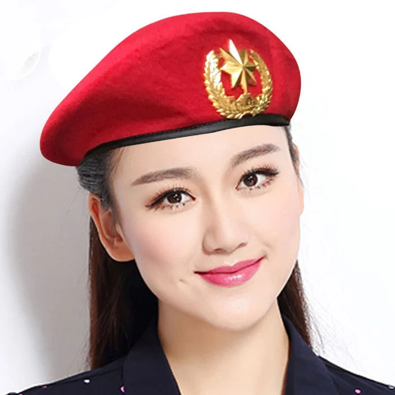 High-Q Men Women Wool Felt Berets Metal Badge Decor Sailors Dance Performance Hat Trilby Military Fans Army Cap Adjustable