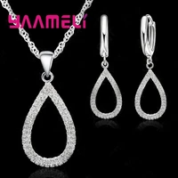 shiny 925 sterling silver cubic zircon romantic earring necklace jewelry sets drop shaped pendant wedding party jewelry