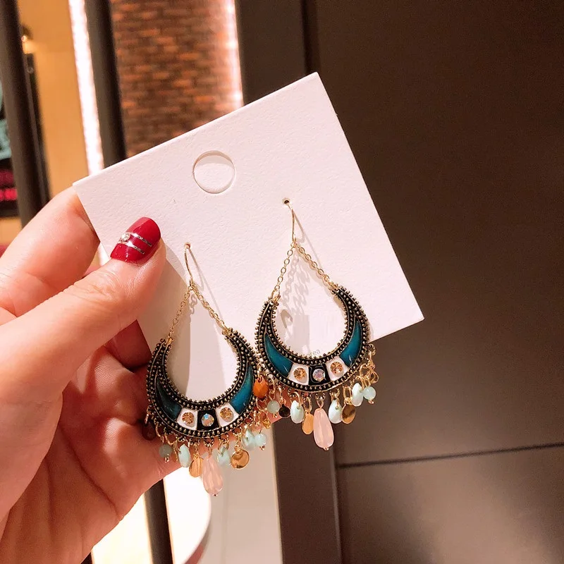 Big bohemian indian ethnic dangle earrings blue long tassle boho vintage for women large oversize jewelry gift party | Украшения и
