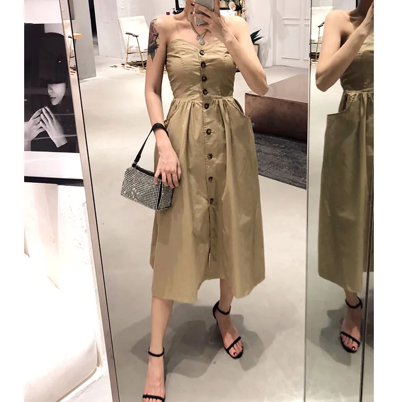 Женское однобортное платье без рукавов бретелек летние платья|Женские платья| |