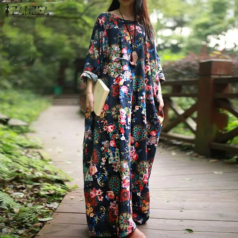 

Oversize 2021 Spring ZANZEA Women Retro Floral Print Maxi Long Dress Ladies Sleeve Casual Loose Dress Vestidos