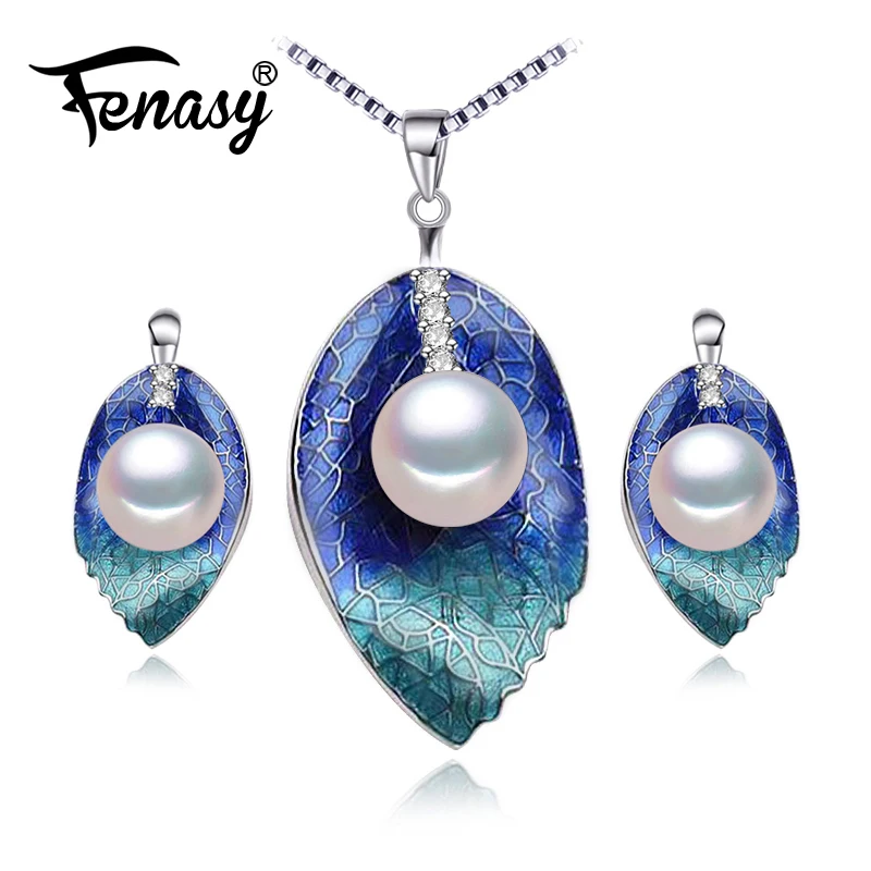FENASY Pearl Jewelry sets 925 Sterling Silver stud earrings,natural Pearl leaf necklace for women love Cloisonne earrings sets