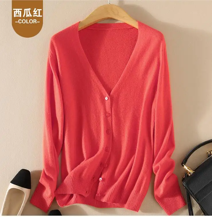 V-neck watermelon re Осенний и зимний утолщенный кашемировый свитер, женский кардиган с v-образным вырезом и длинными рукавами, короткий свободный Однотонный женский свитер - Цвет: V-neck watermelon re