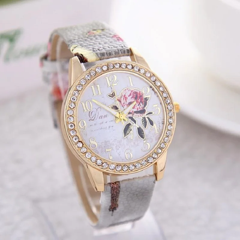 Reloj mujer женские часы с цветочным узором из роз циферблат наручные кожаным