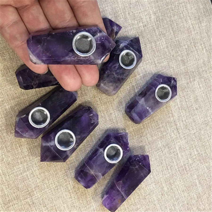 

2pcs Purple Natural Amethyst Rock Quartz Crystal Pipe Smoking Tobacco Wand Healing