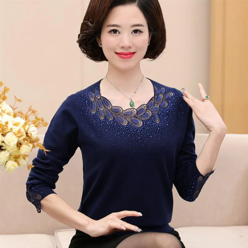 Spring sweater 2018 new Middle-aged Openwork O neck Sweater fashion Loose long sleeves Plus size 3XL winter LY744 | Женская одежда
