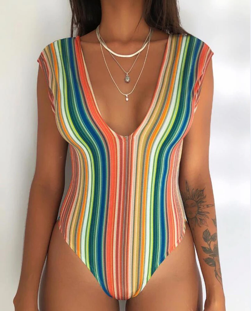 Женский слитный купальник с радужными полосками купальный костюм женский