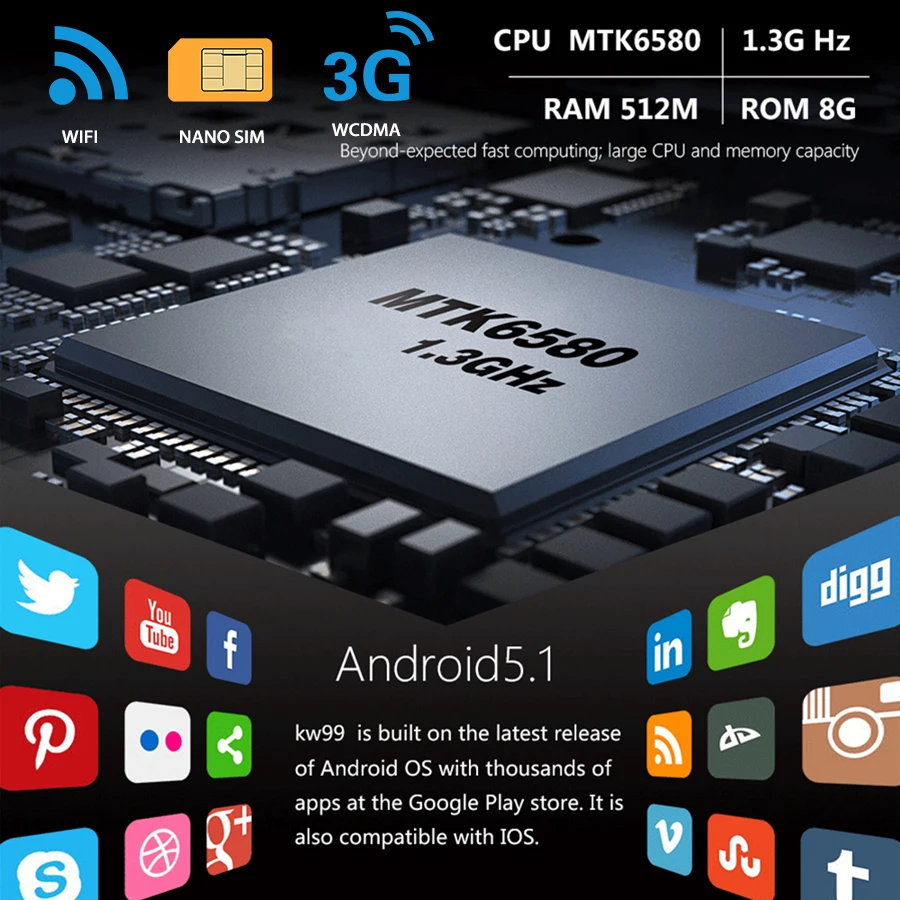 Kw99 Smart Android часы 2017 GPS Tracker SmartWatch sim-карты мобильный телефон 5.1 Поддержка Wi-Fi Bluetooth