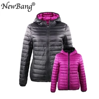 newbang duck coats women feather hooded ultra light down jacket with carry bag travel double side reversible jackets plus size