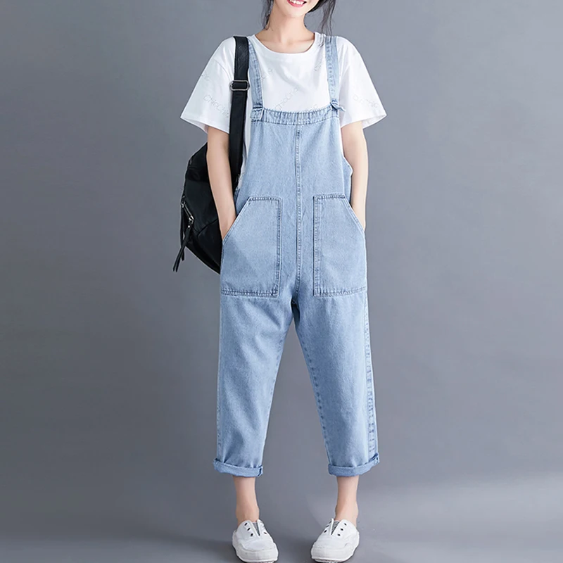 

#4003 Spring Summer Blue Denim Jumpsuit For Women Off The Shouder Big Pockets Lady Jeans Overalls Loose Sling Jumpsuits Femme