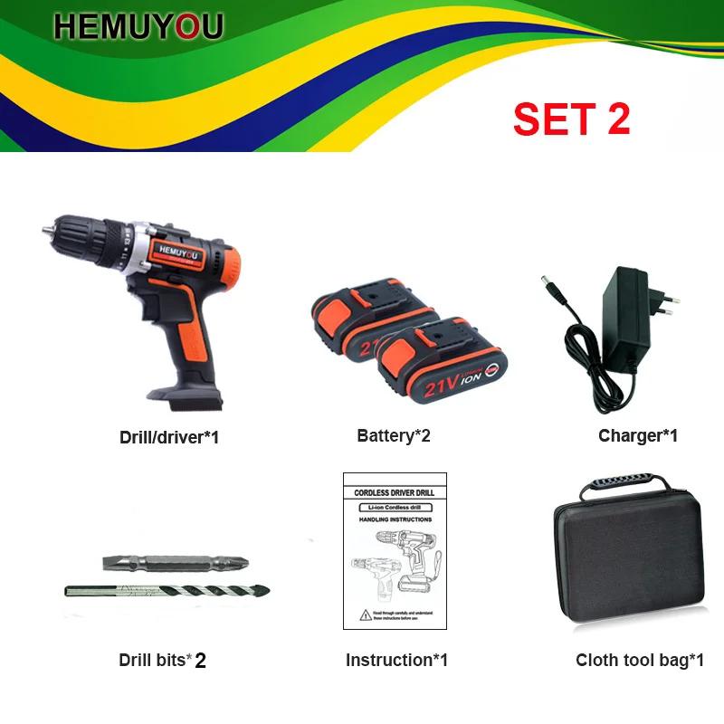SET 2 21V электрическая дрель Перезаряжаемые Мини Беспроводная электрическая дрель многофункциональная электрическая отвертка 2-Скорость+ Мощность Смарт Дисплей - Цвет: SET 2
