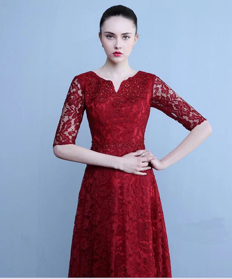 Burgundy Lace Formal Evening Dresses for Wedding Zipper Good Quality Prom Party Gowns Vestido De Noche Custom Made Half Sleeve |