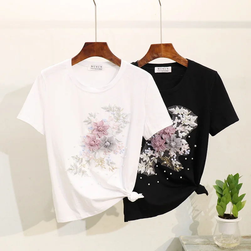 2019 лето новая женская футболка Топы Мода Бисероплетение Вышивка цветок