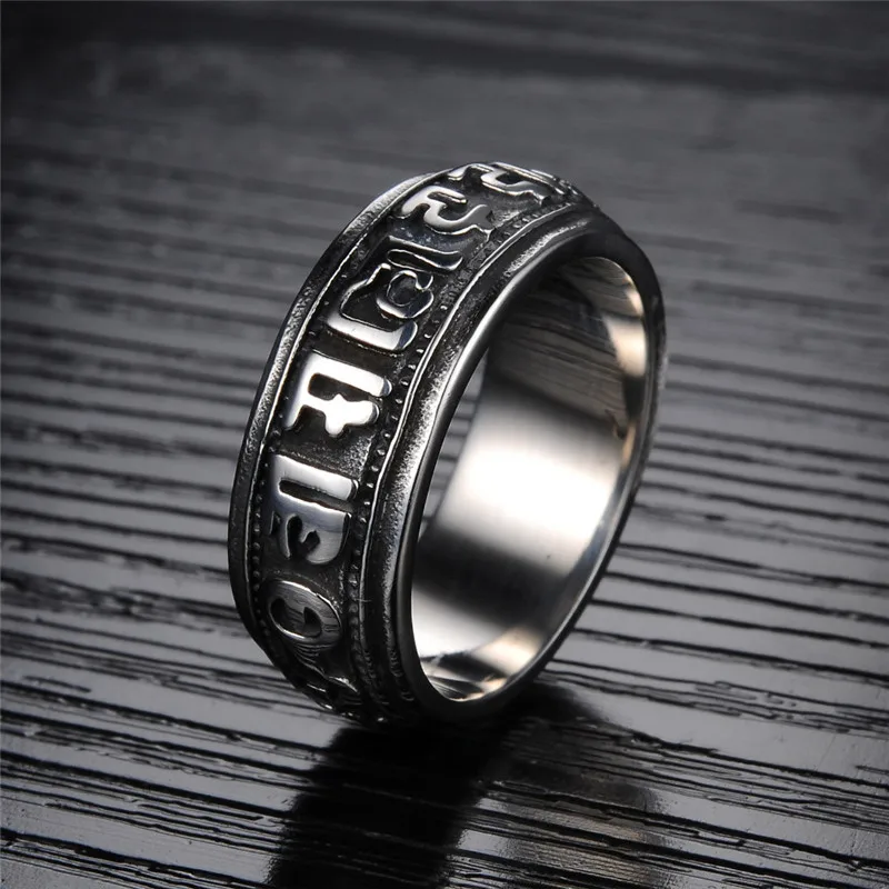 Stainless Steel Ring Sanskrit Buddhist Six Words Mantra &quotOm Mani Padme Hum&quot Lucky Power | Украшения и аксессуары