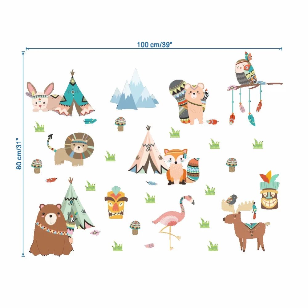Indian style cartoon animals wall stickers kids room bedroom nursery decor decals eco-friendly diy wallpaper art murals dc8 | Дом и сад