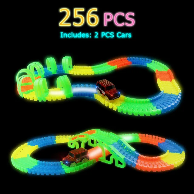 256 pcs with 2 car Светящийся гоночный трек изгиб Flex вспышка в темноте сборки гибкий игрушечных автомобилей/165/220/240 шт светящийся гоночный трек Набор DIY головоломки игрушки - Цвет: 256 pcs with 2 car