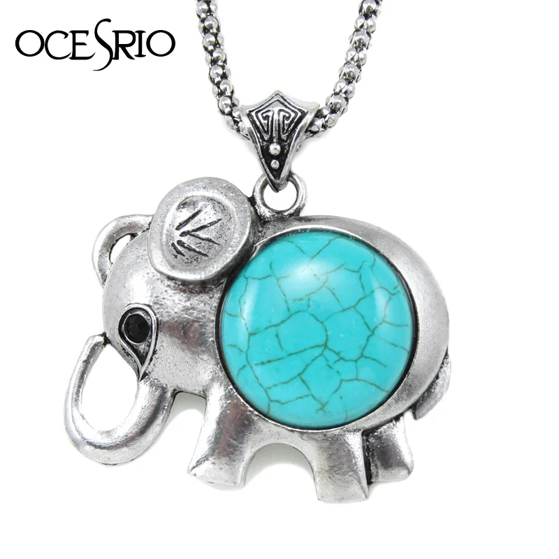 Cute chain Elephant pendant necklace vintage blue Color Stone for women sweater necklaces stone jewelry nke-h94 | Украшения и