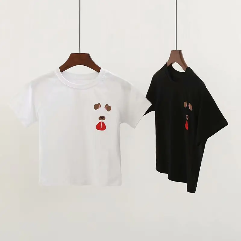 T MODA 2018 Для женщин короткий рукав милая собака вышивка футболка Летняя дышащая