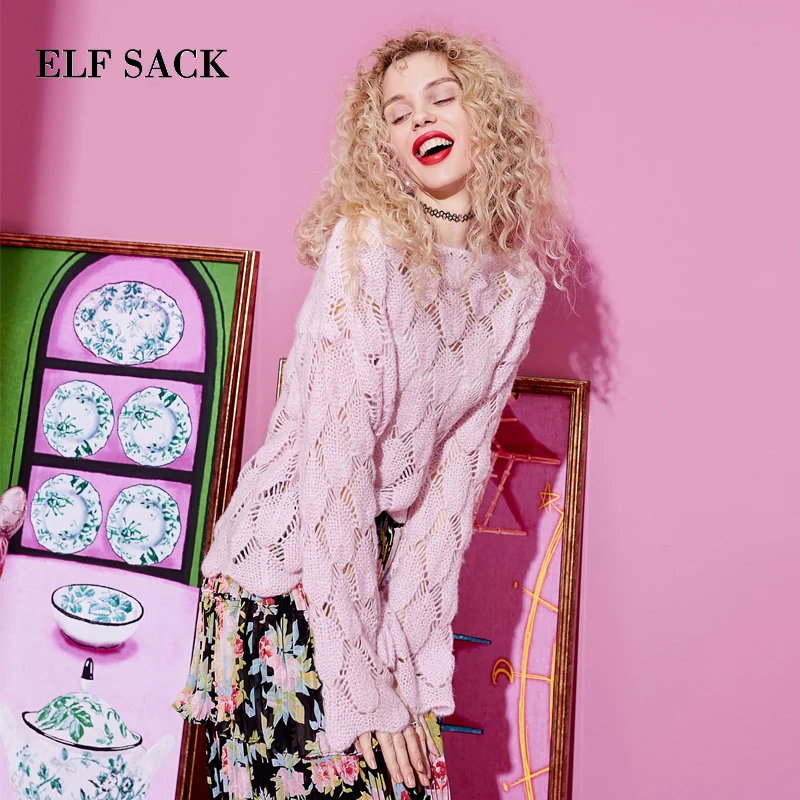 ELF SACK New Oversized Woman Sweater Casual Solid O-Neck Hand Knitted Full Women Pullovers Sweet Streetwear Hollow Femme Tops | Женская
