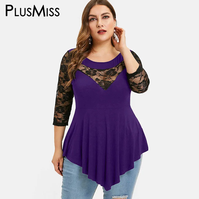 PlusMiss размера плюс 5XL сзади и цветочными кружевами сексуальная женская блузка