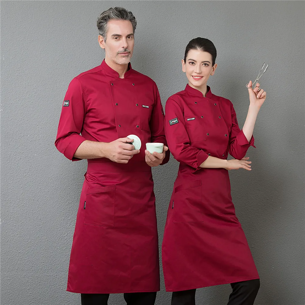 Двубортный длинный рукав шеф Cuisinier Рабочие куртки Cocina ресторанная кухня готовка Униформа еда обслуживание столовой комбинезоны