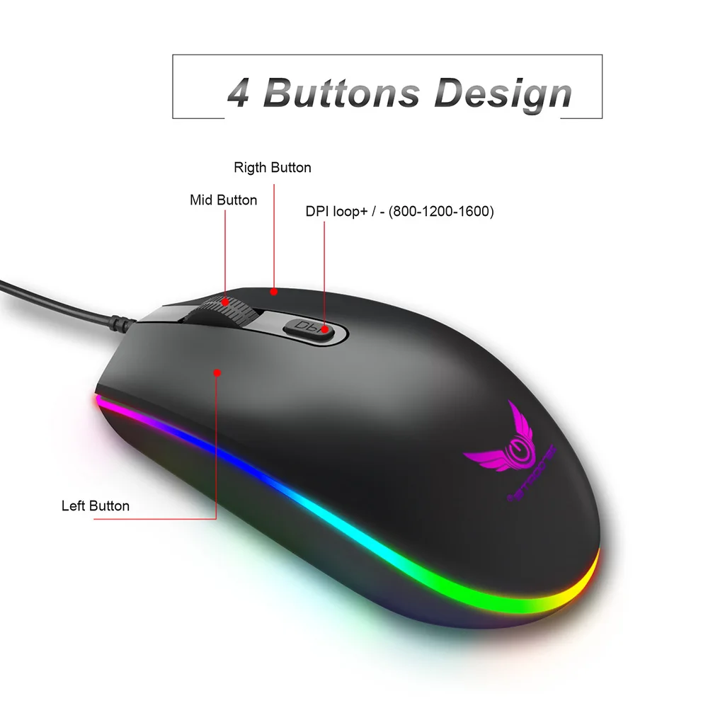 ZERODATE S900 игровая мышь 1600 точек/дюйм 4 кнопки RGB светодиодная подсветка оптическая