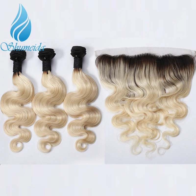 Shumeida Brazilian Remy Hair Body Wave 1b613 Bundles With Frontal Ombre Blonde Human Weft Ear to Lace 13*4 | Шиньоны и парики