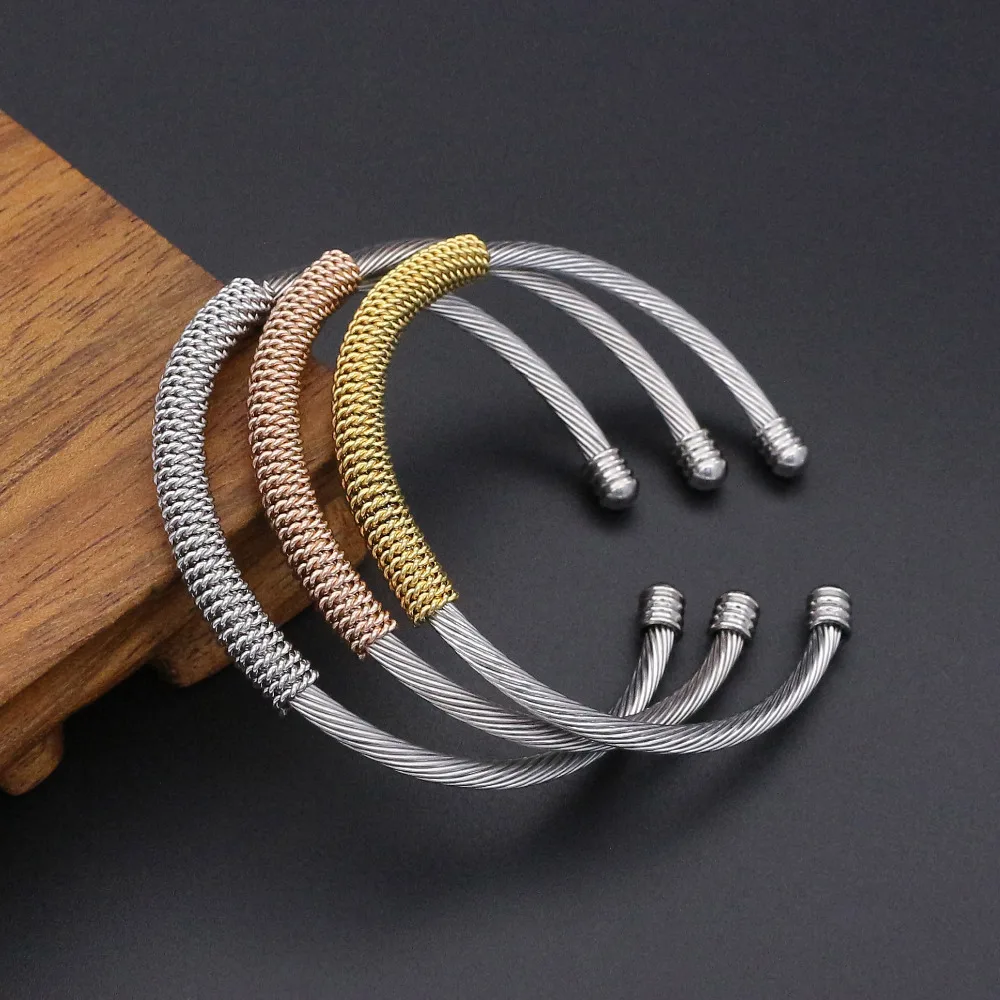 

JSBAO New Fashion 3Pcs Set Trendy Bracelets For Women Stainless Steel Three Colours Braided Steel Wire Cuff Bangle Bracelet Set