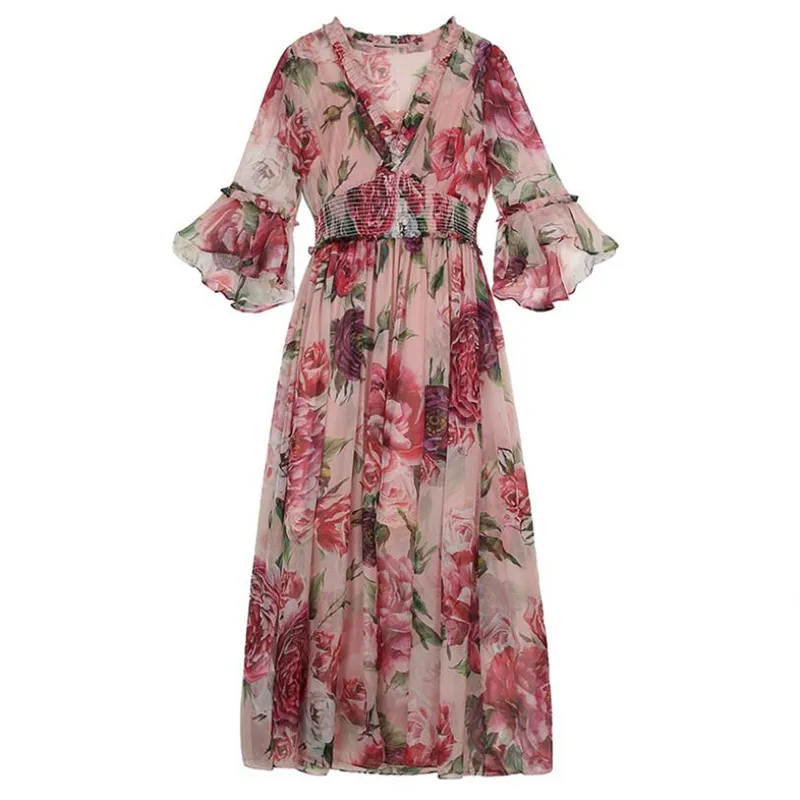 Летнее шифоновое платье с расклешенными рукавами богемное пляжное макси