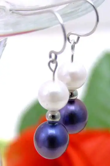 

SALE 6-7mm Black / White Natural SALTWATER PEARL Dangle Earring with white gold-ear182 wholesale/retail Free shipping