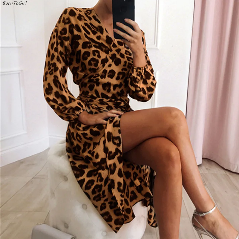 BornToGirl Весна Осень шифон с длинным рукавом V образным вырезом Леопардовый принт Серый Белый Розовый Коричневый женское платье