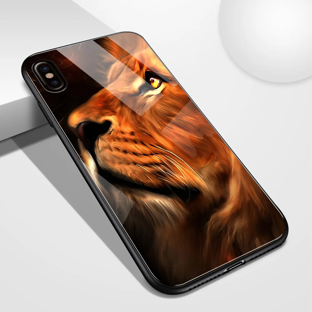 Чехол-накладка для Iphone 12 6s 7 8 Plus X Xs Max Xr 11 13 Pro Se2020 со стеклом с изображением Льва |
