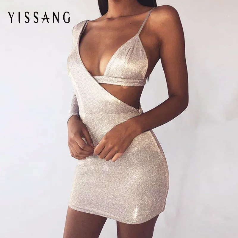 Женское блестящее мини платье Yissang облегающее Клубное вечернее с одним рукавом v