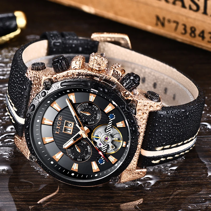 LIGE мужские часы Топ бренд класса люкс бизнес модные автоматические Tourbillon кожа