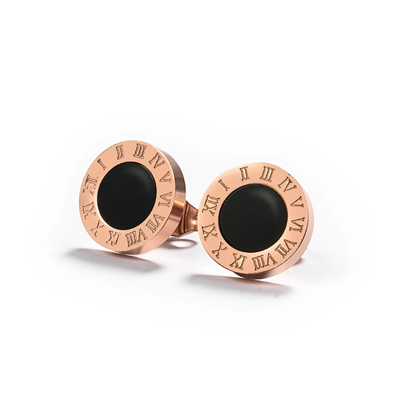 Rose Gold Black Корейские простые массивные серьги из нержавеющей стали, серьги-гвоздики для женщин, винтажные римские цифры, кристалл, маленькие серьги, ювелирные изделия - Окраска металла: Rose Gold Black