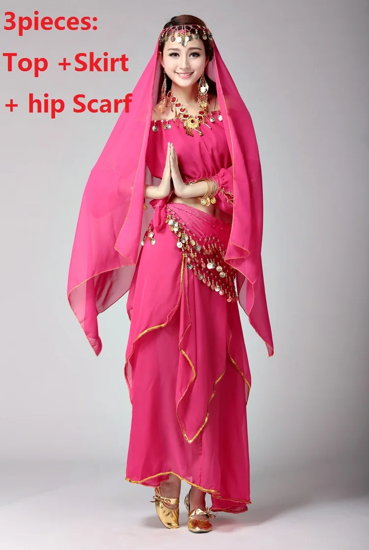hotpink3pcs Костюм для танца живота, платье для танца живота, набор для женщин, бюстгальтер, пояс, юбка, Болливуд, платья для танцев, индийский танец, rs, танцевальная одежда для сцены - Цвет: hotpink3pcs