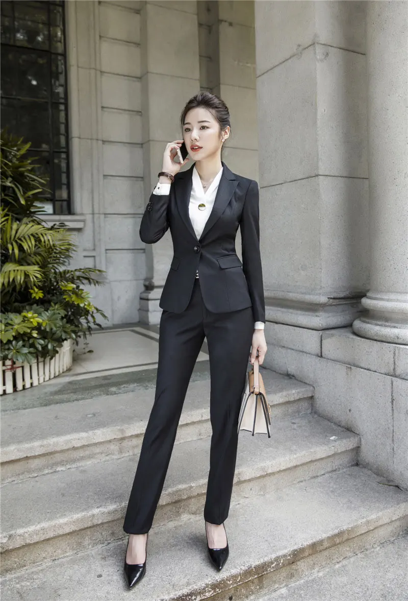 black coat and pant IZICFLY стиль Офисная женская униформа бизнес Женские костюмы комплект 2 шт. брюки костюмы костюм femme элегантный размера плюс Рабочая одежда - Цвет: black coat and pant
