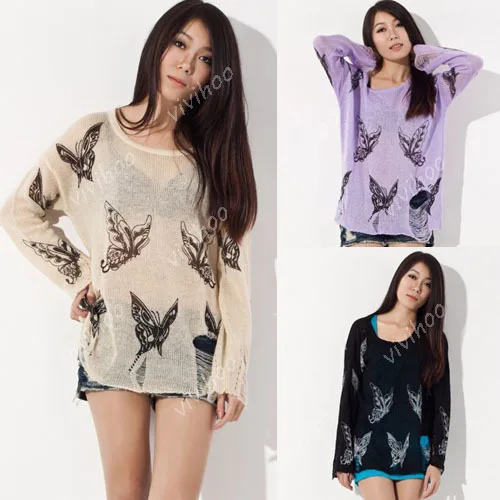 Оптовая продажа размера плюс женский свитер топы С Рисунком бабочки круглый