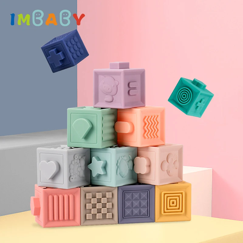 IMBABY 12 шт./компл. детские игрушки для ванной игрушки для детей строительные блоки 3D Touch ПВХ Прорезыватели для зубов игрушки для сдавливания-Звучащая Когнитивная игрушка