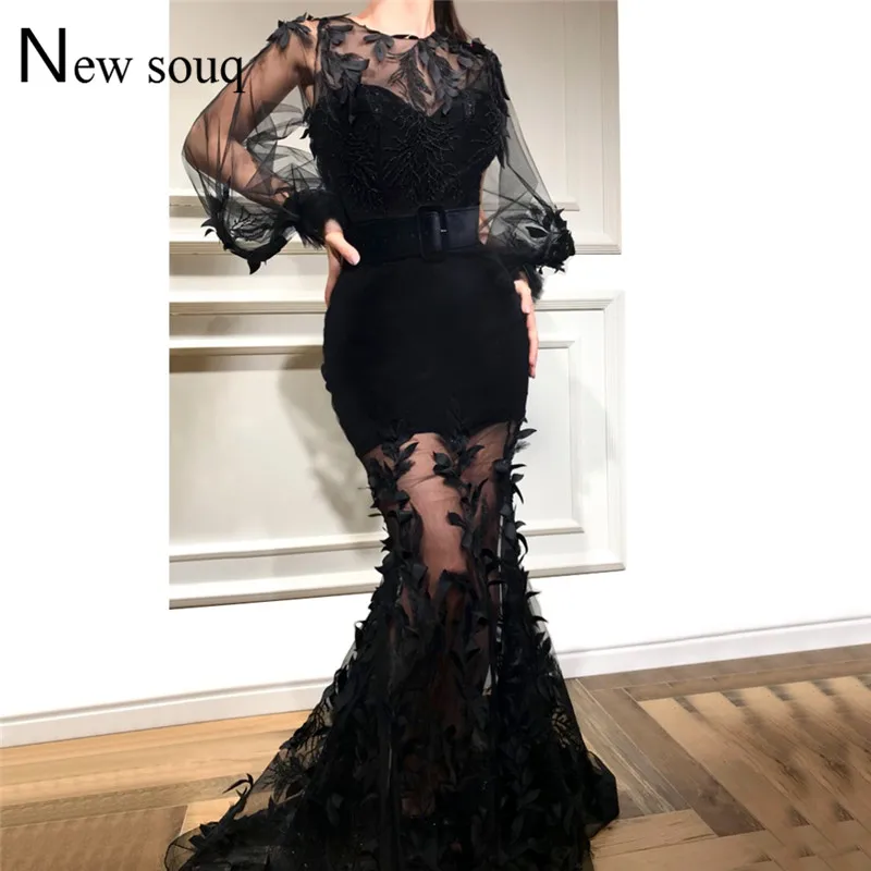 

Black Formal Evening Dresses 2019 Abiye Applique Mermaid Party Gowns Abiye Gece Elbisesi Arabic Dubai Long Sleeves Prom Dresses