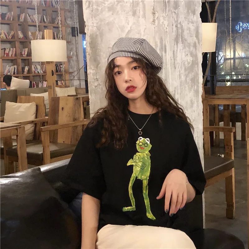 Женские летние модные футболки с милым мультяшным принтом японские Harajuku длинным