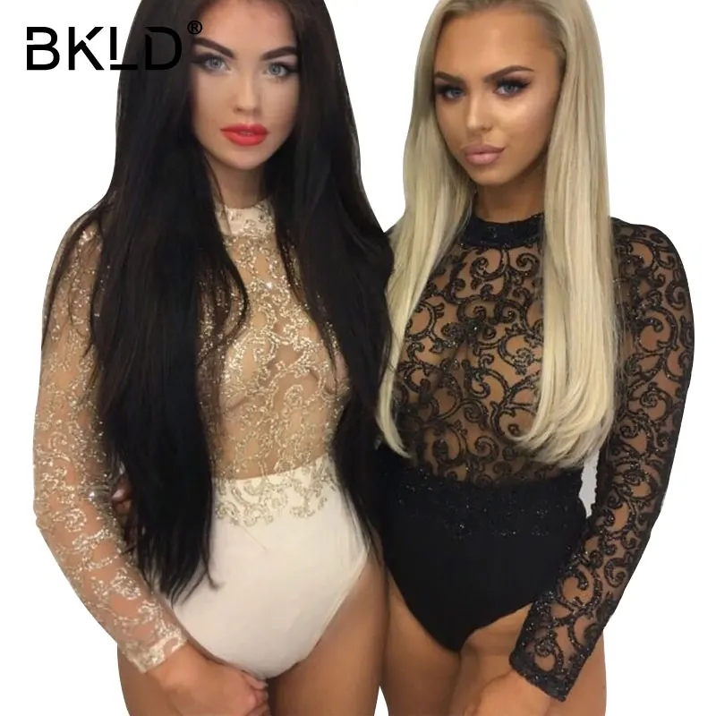 Женские вечерние комбинезоны с блестками BKLD черные сетчатые круглым вырезом