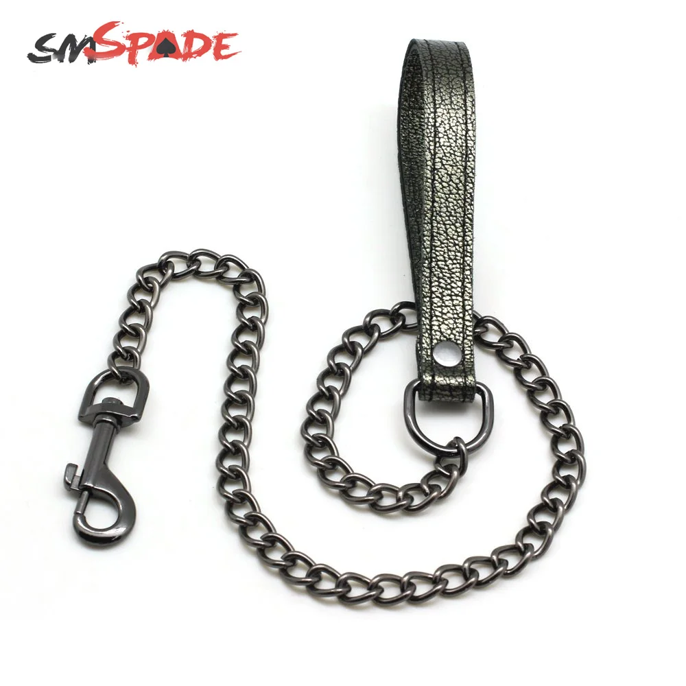 SMSPADE темно-зеленый ошейник из натуральной кожи и металлический поводок для