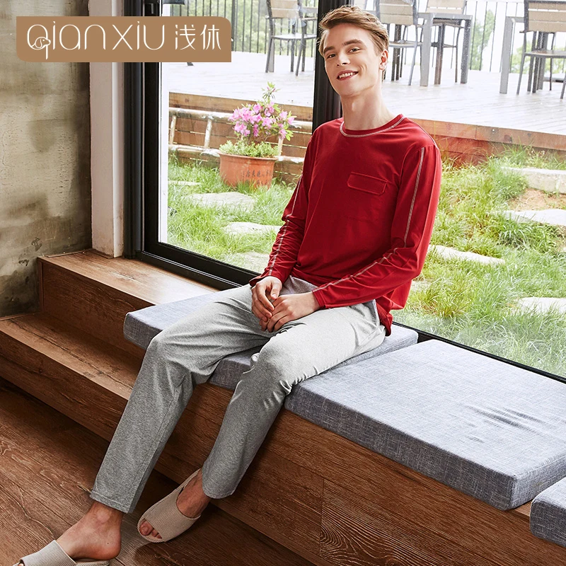 

Spring Men's Pure Cotton Pockets Home Wear Shallow Rest New Men's Striped Round-Neck Pajamas Set Men's Pajamas Home Clothes