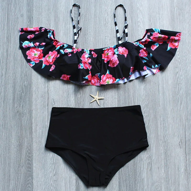 2017 цветочный черный комплект бикини с принтом купальный костюм женский высокой