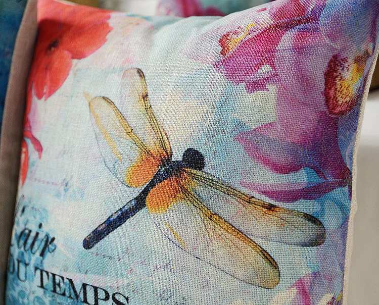 Льняная наволочка для подушки с бабочками и цветами синяя Стрекоза птица
