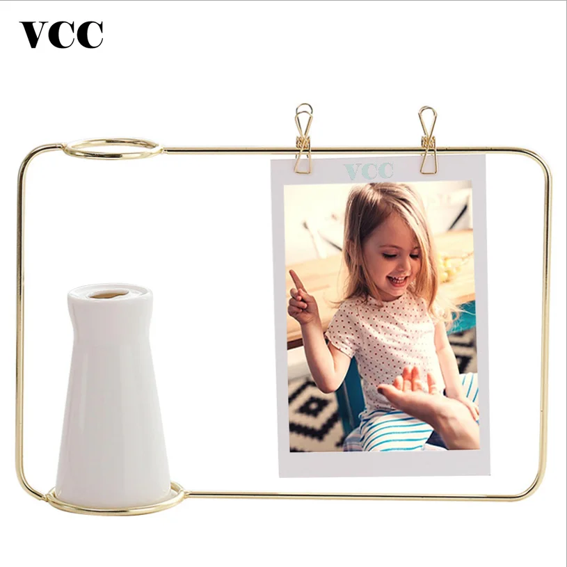 Продажа Скандинавская фоторамка кронштейн из кованого железа, креативная ваза для цветов, золотисто-черное украшение, фоторамка, настольное украше...