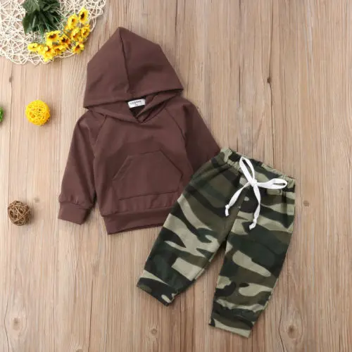 Fall Spring Kid Boy Clothes Baby Long Sleeve Hooded Pocket Tops+Camo Pants Cotton Nebworn Children Outfits Set |
