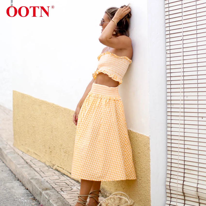OOTN летние женский комплект 2 шт. оранжевый плед Ruched укороченный топ и юбка
