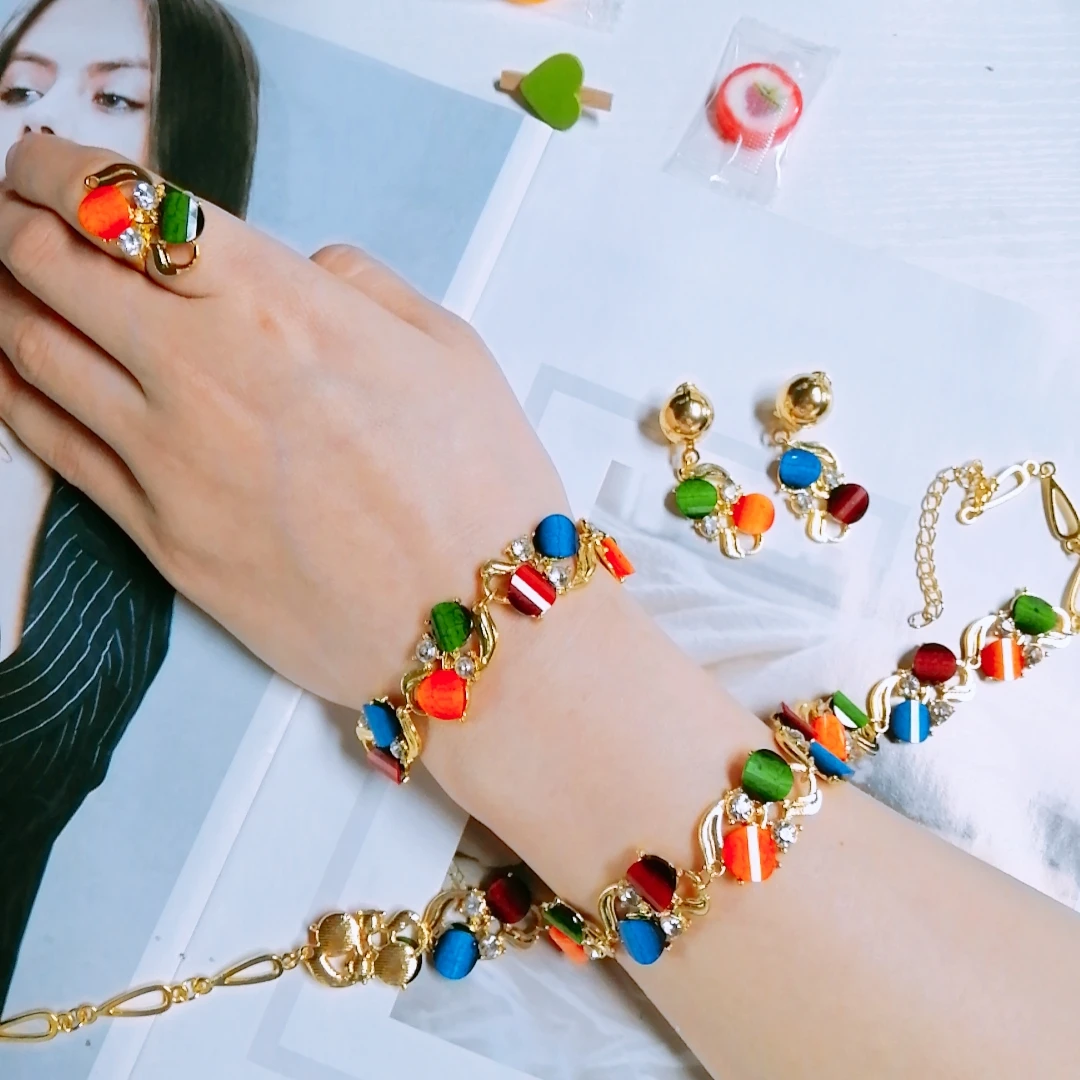 Guvivi новые модные комплекты украшений для женщин цветной металлический каменная капля серьги колье ожерелья Набор браслетов женский NE+ BR+ RI+ EA